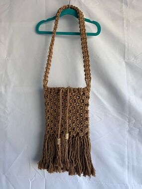 Boho Macrame Crossbody Bag Fringe Tassel Handmade Neutral Tan Woven Purse